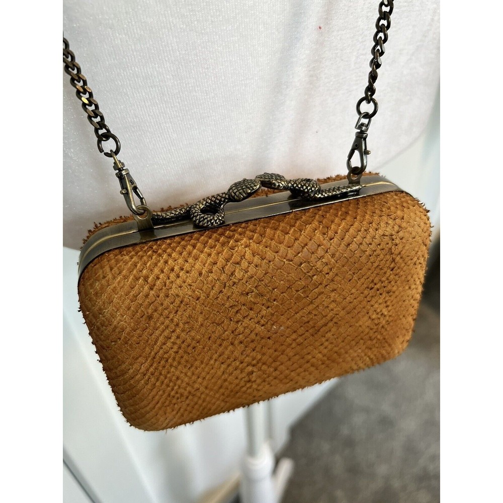 House of Harlow 1960 Marley Box Clutch Snake Hardwear Kiss Lock Tan Cow Leather
